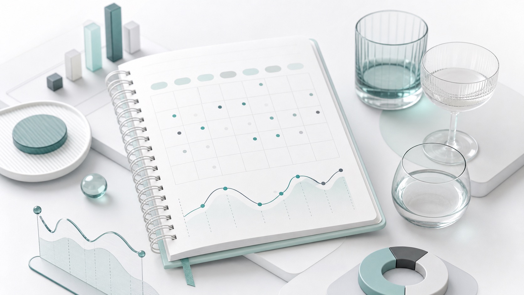 Abstract calendar, notebook and charts in soft green and warm red